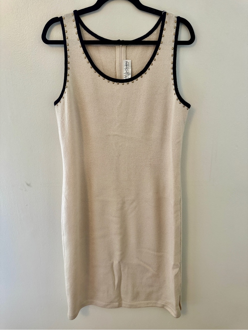 St. John Collection Ivory Knit Tank Dress with Black Trim and Stud Details Sz 8